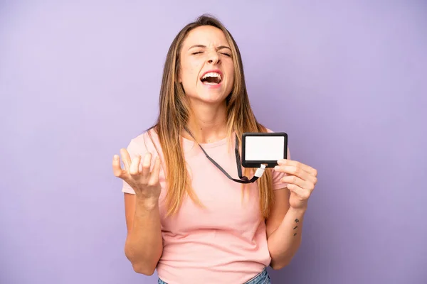 Pretty Caucasian Woman Looking Desperate Frustrated Stressed Vip Pass Card — Stock Photo, Image