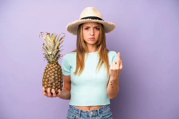Pretty Caucasian Woman Feeling Angry Annoyed Rebellious Aggressive Summer Pineapple — Foto de Stock