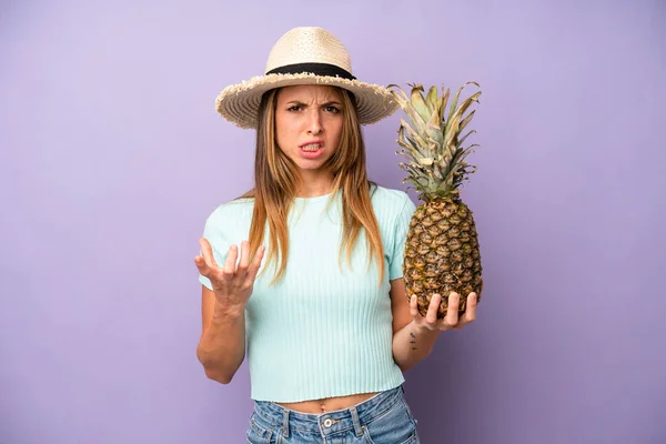 Pretty Caucasian Woman Looking Angry Annoyed Frustrated Summer Pineapple Concept — Foto de Stock