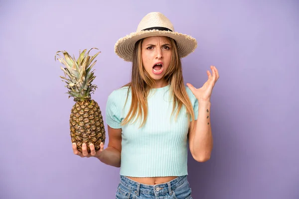 Pretty Caucasian Woman Screaming Hands Air Summer Pineapple Concept — Foto de Stock