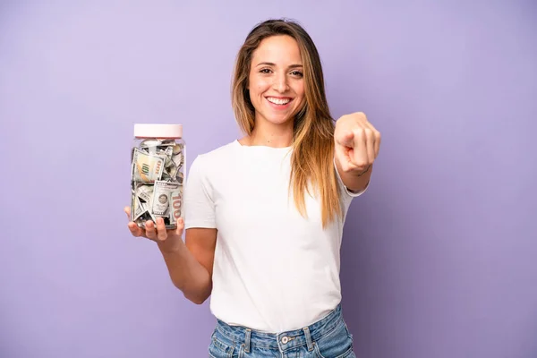 Pretty Caucasian Woman Pointing Camera Choosing You Dollar Banknotes Savings — Zdjęcie stockowe