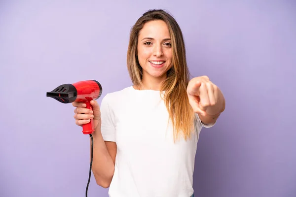 Pretty Caucasian Woman Pointing Camera Choosing You Hair Dryer Concept — Stock Photo, Image