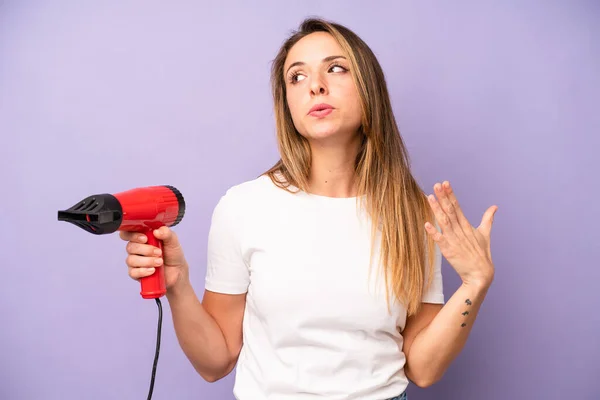 Pretty Caucasian Woman Feeling Stressed Anxious Tired Frustrated Hair Dryer — Stockfoto