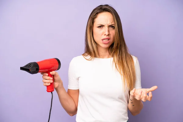 Pretty Caucasian Woman Looking Angry Annoyed Frustrated Hair Dryer Concept — Foto de Stock