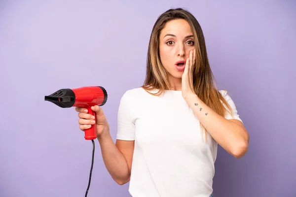 Pretty Caucasian Woman Feeling Shocked Scared Hair Dryer Concept — Stockfoto
