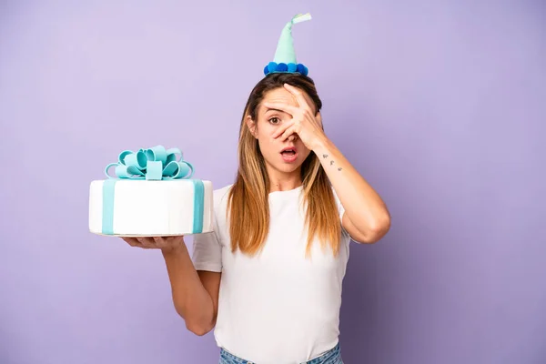 Pretty Caucasian Woman Looking Shocked Scared Terrified Covering Face Hand — Stockfoto