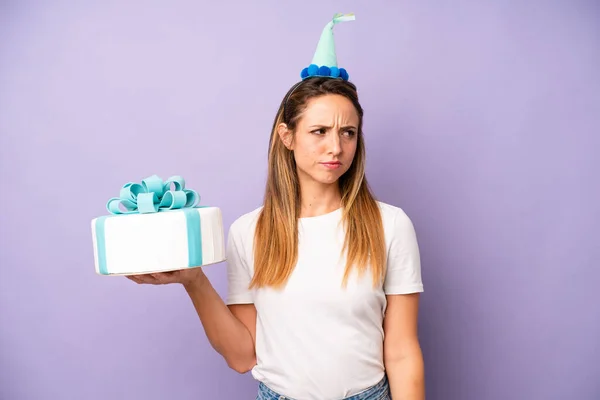 Pretty Caucasian Woman Feeling Sad Upset Angry Looking Side Birthday — Stockfoto