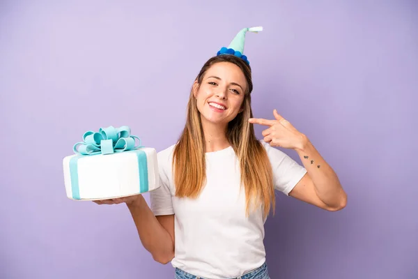 Pretty Caucasian Woman Smiling Confidently Pointing Own Broad Smile Birthday — Zdjęcie stockowe