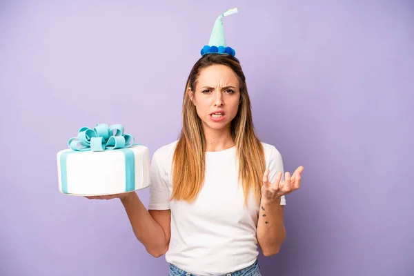 Pretty Caucasian Woman Looking Angry Annoyed Frustrated Birthday Cake Concept — Stockfoto