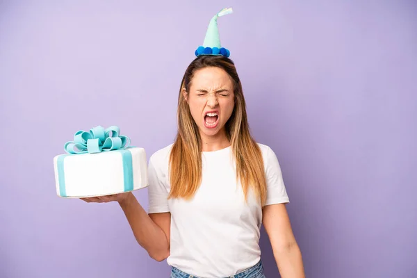 Pretty Caucasian Woman Shouting Aggressively Looking Very Angry Birthday Cake — Foto Stock