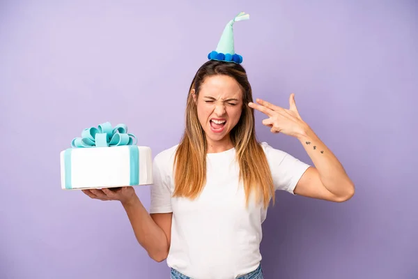 Pretty Caucasian Woman Looking Unhappy Stressed Suicide Gesture Making Gun — Foto Stock