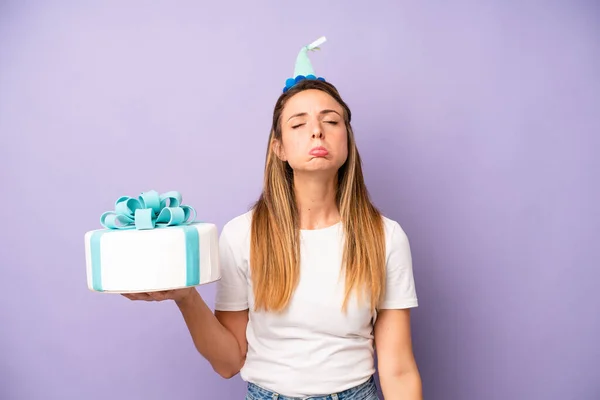 Pretty Caucasian Woman Feeling Sad Whiney Unhappy Look Crying Birthday — Stockfoto