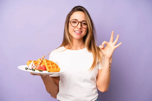 Pretty Caucasian Woman Feeling Happy Showing Approval Okay Gesture Waffles — Foto de Stock