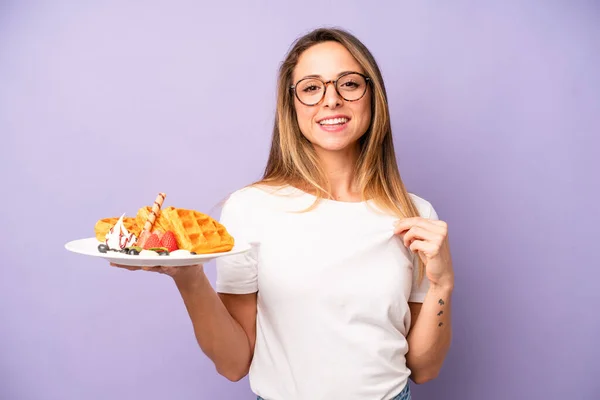 Pretty Caucasian Woman Looking Arrogant Successful Positive Proud Waffles Breakfast — Photo
