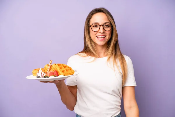 Pretty Caucasian Woman Looking Happy Pleasantly Surprised Waffles Breakfast Concept —  Fotos de Stock