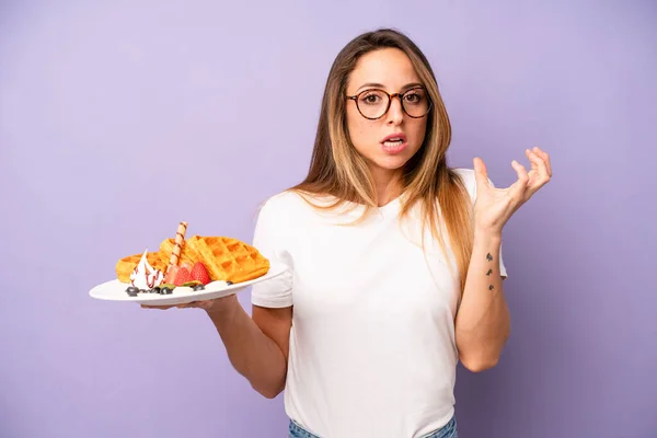 Pretty Caucasian Woman Screaming Hands Air Waffles Breakfast Concept — Photo