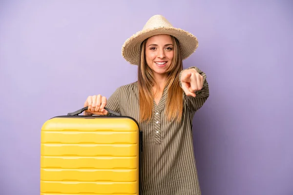 Pretty Caucasian Woman Pointing Camera Choosing You Summer Holidays Concept — Stockfoto