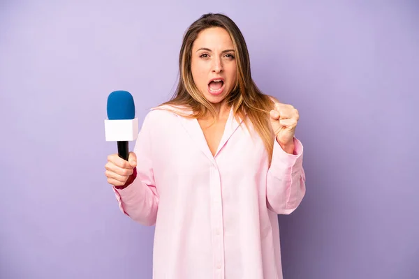 Pretty Caucasian Woman Shouting Aggressively Angry Expression Journalist Microphone Concept —  Fotos de Stock