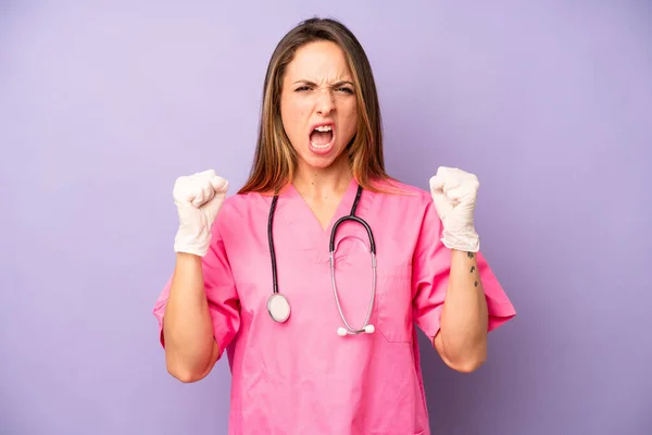 Pretty Caucasian Woman Shouting Aggressively Angry Expression Medicine Doctor Concept — Fotografia de Stock