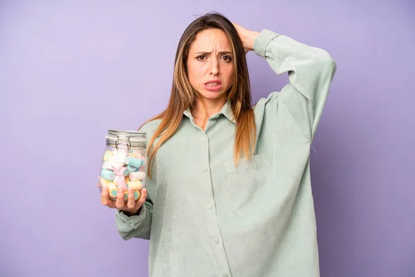 Pretty Caucasian Woman Feeling Stressed Anxious Scared Hands Head Candies — Stockfoto