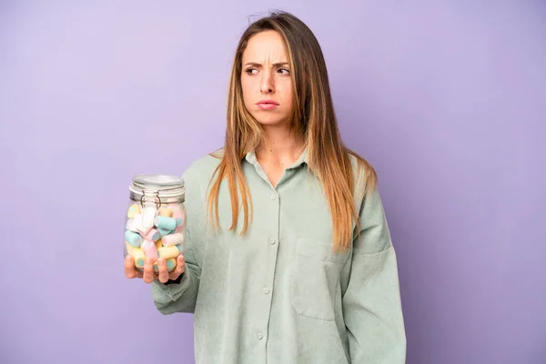 Pretty Caucasian Woman Feeling Sad Upset Angry Looking Side Candies — Foto Stock