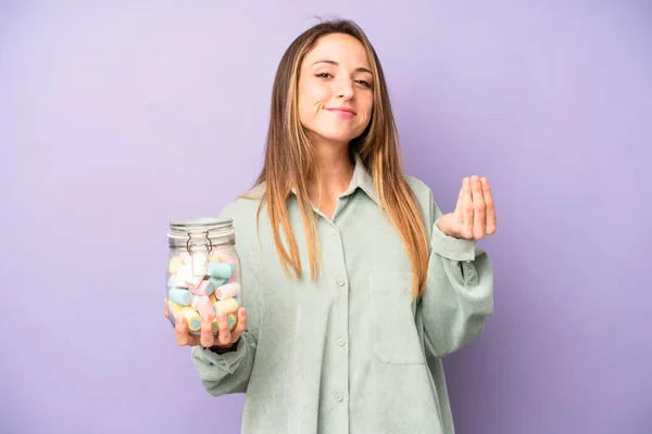 Pretty Caucasian Woman Making Capice Money Gesture Telling You Pay — Fotografia de Stock