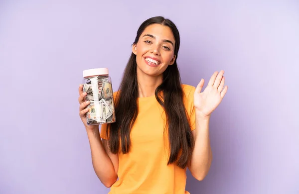 Pretty Hispanic Woman Smiling Happily Waving Hand Welcoming Greeting You — Foto Stock