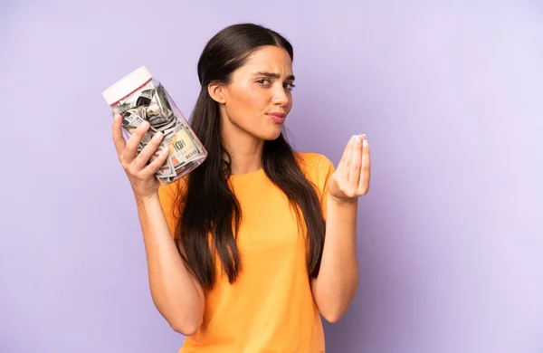 Pretty Hispanic Woman Making Capice Money Gesture Telling You Pay —  Fotos de Stock