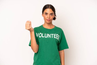 Güzel İspanyol kadın kapiş ya da para hareketi yapıyor, sana ödemeni söylüyor. ekoloji ve gönüllü konsepti