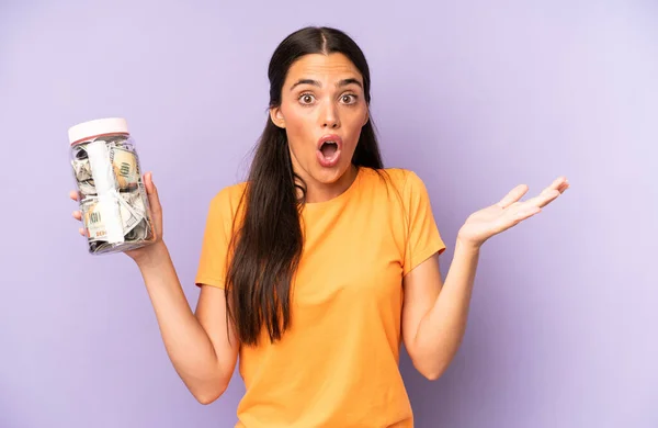 Pretty Hispanic Woman Feeling Extremely Shocked Surprised Dollar Banknotes Savings — Stock Photo, Image
