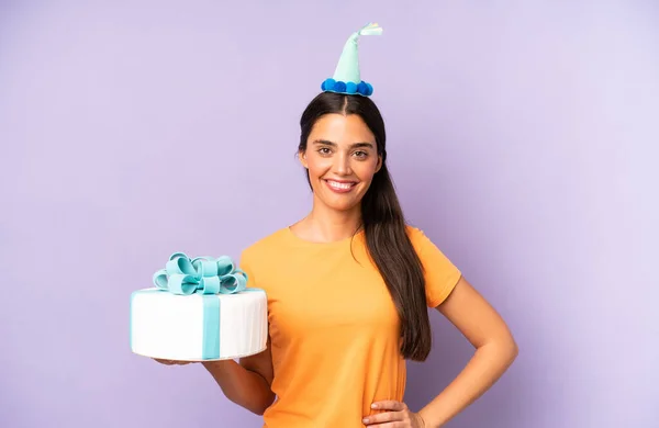 Pretty Hispanic Woman Smiling Happily Hand Hip Confident Birthday Concept — Fotografia de Stock