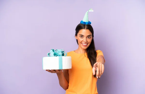 Pretty Hispanic Woman Pointing Camera Choosing You Birthday Concept —  Fotos de Stock