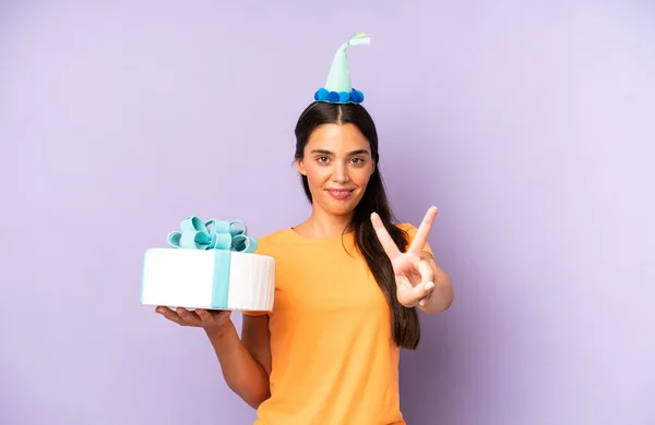 Pretty Hispanic Woman Smiling Looking Happy Gesturing Victory Peace Birthday — Stockfoto