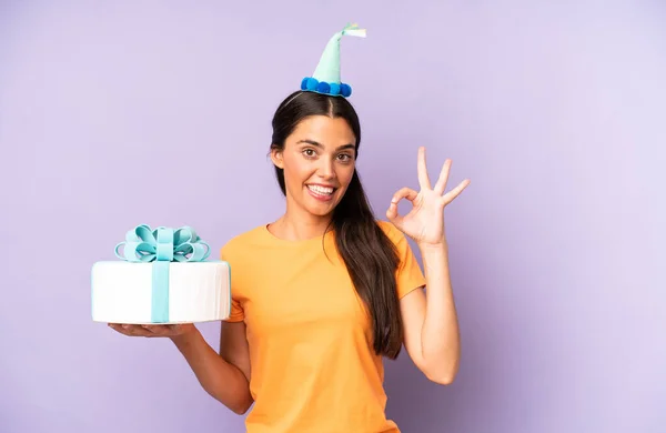 Pretty Hispanic Woman Feeling Happy Showing Approval Okay Gesture Birthday — Foto Stock