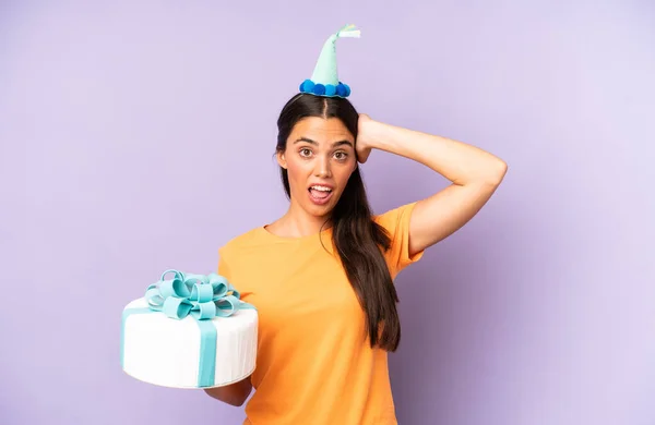 Pretty Hispanic Woman Feeling Stressed Anxious Scared Hands Head Birthday — Stockfoto