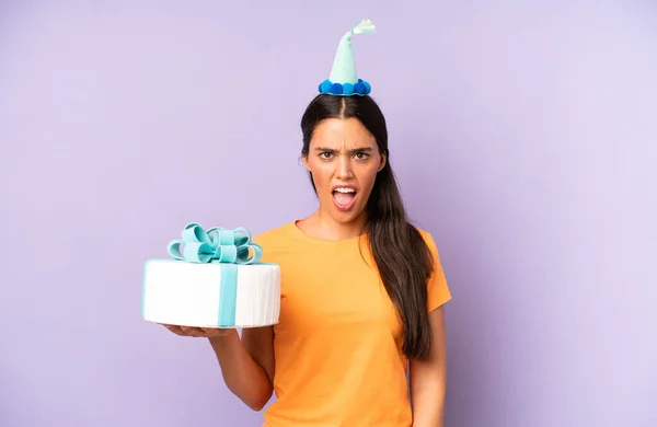 Pretty Hispanic Woman Looking Very Shocked Surprised Birthday Concept — Stockfoto