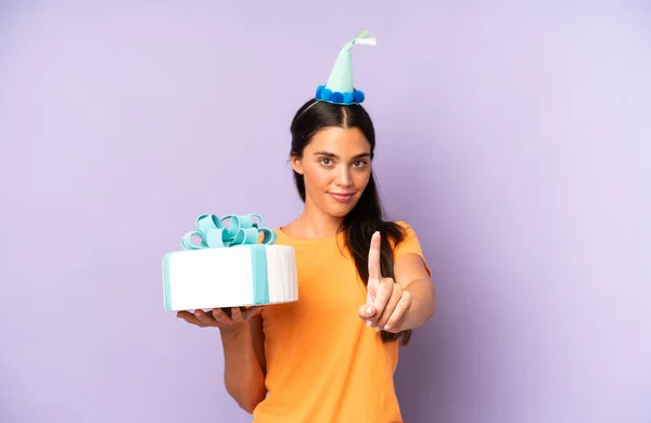 Pretty Hispanic Woman Smiling Proudly Confidently Making Number One Birthday — Fotografia de Stock