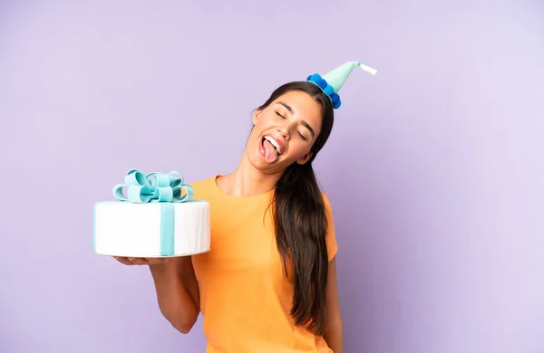 Pretty Hispanic Woman Cheerful Rebellious Attitude Joking Sticking Tongue Out — Foto Stock