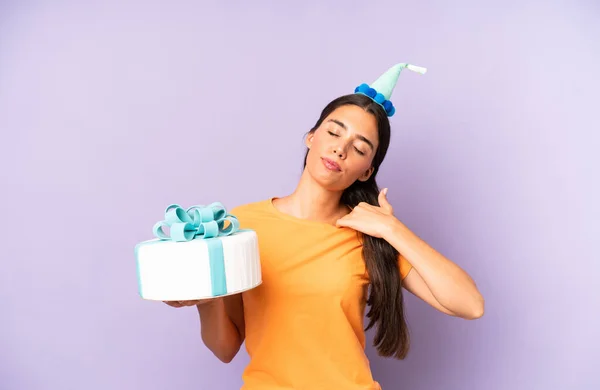 Pretty Hispanic Woman Feeling Stressed Anxious Tired Frustrated Birthday Concept — Fotografia de Stock
