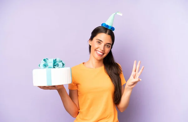 Pretty Hispanic Woman Smiling Looking Friendly Showing Number Three Birthday — Stockfoto