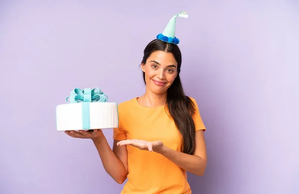 Pretty Hispanic Woman Smiling Cheerfully Feeling Happy Showing Concept Birthday — Foto Stock