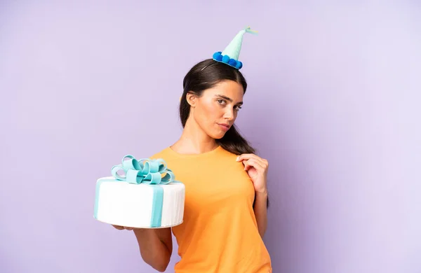Pretty Hispanic Woman Looking Arrogant Successful Positive Proud Birthday Concept — Zdjęcie stockowe