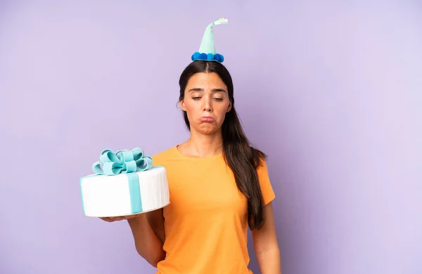 Pretty Hispanic Woman Feeling Sad Whiney Unhappy Look Crying Birthday — Fotografia de Stock