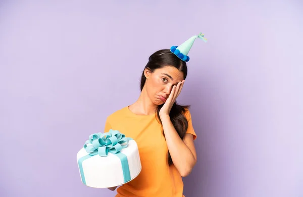 Pretty Hispanic Woman Feeling Bored Frustrated Sleepy Tiresome Birthday Concept — Fotografia de Stock