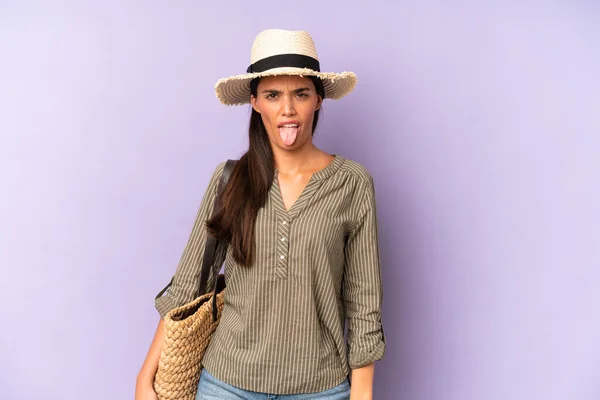 Pretty Hispanic Woman Feeling Disgusted Irritated Tongue Out Summer Concept — Zdjęcie stockowe