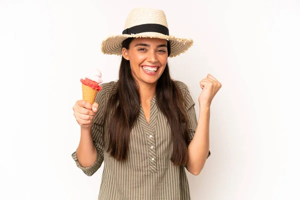 Pretty Hispanic Woman Feeling Shocked Laughing Celebrating Success Ice Cream — Foto Stock