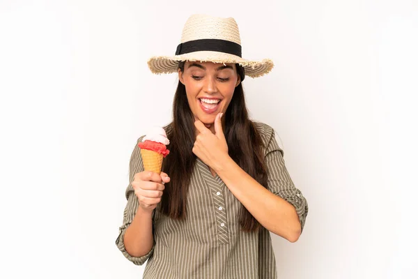 Pretty Hispanic Woman Smiling Happy Confident Expression Hand Chin Ice — Stock Photo, Image