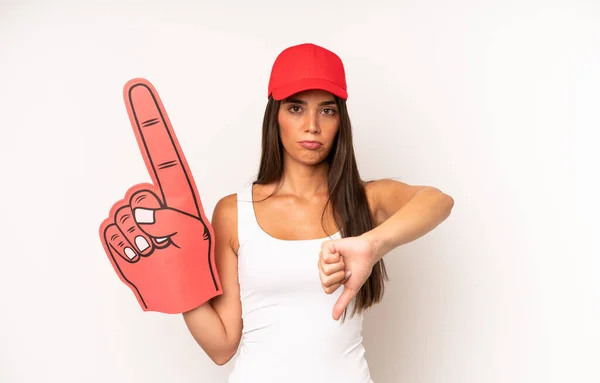 Pretty Hispanic Woman Feeling Cross Showing Thumbs Number One Fan — Photo