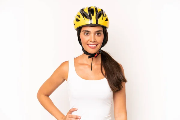 Pretty Hispanic Woman Smiling Happily Hand Hip Confident Bike Helmet —  Fotos de Stock