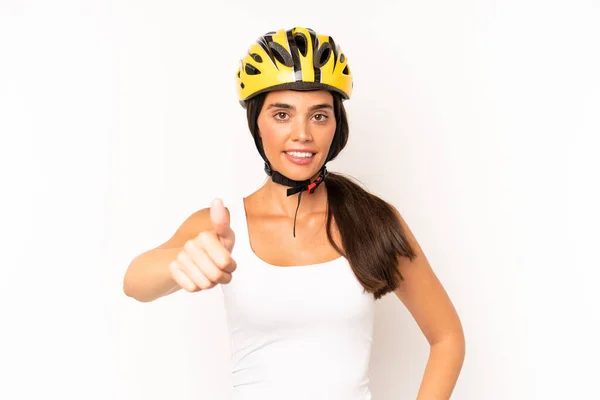 Pretty Hispanic Woman Feeling Proud Smiling Positively Thumbs Bike Helmet —  Fotos de Stock